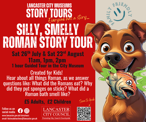Poster with same info as this page and cartoon images of roman children and a dog